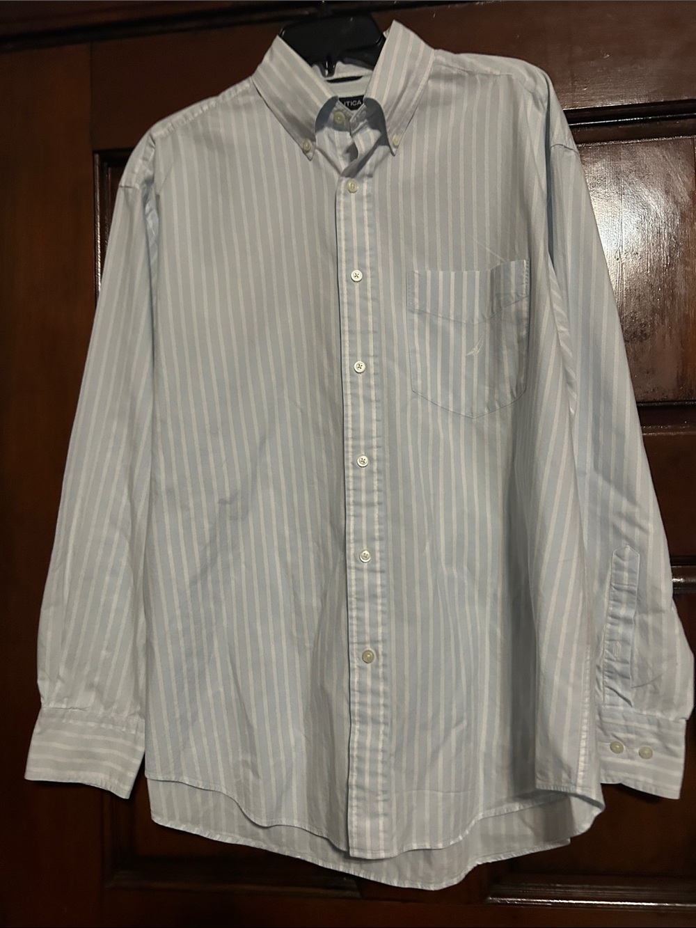 Nautica Men's Light Blue and White Striped Button-Down Shirt